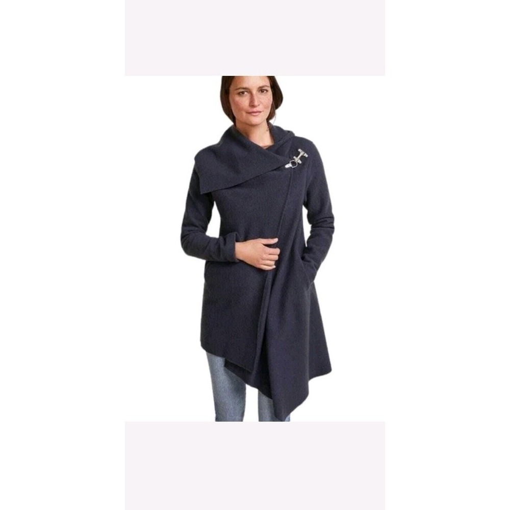 Garnet Hill Asymmetrical Boiled Wool Coat Fireman Clasp Size 8 Navy Blue